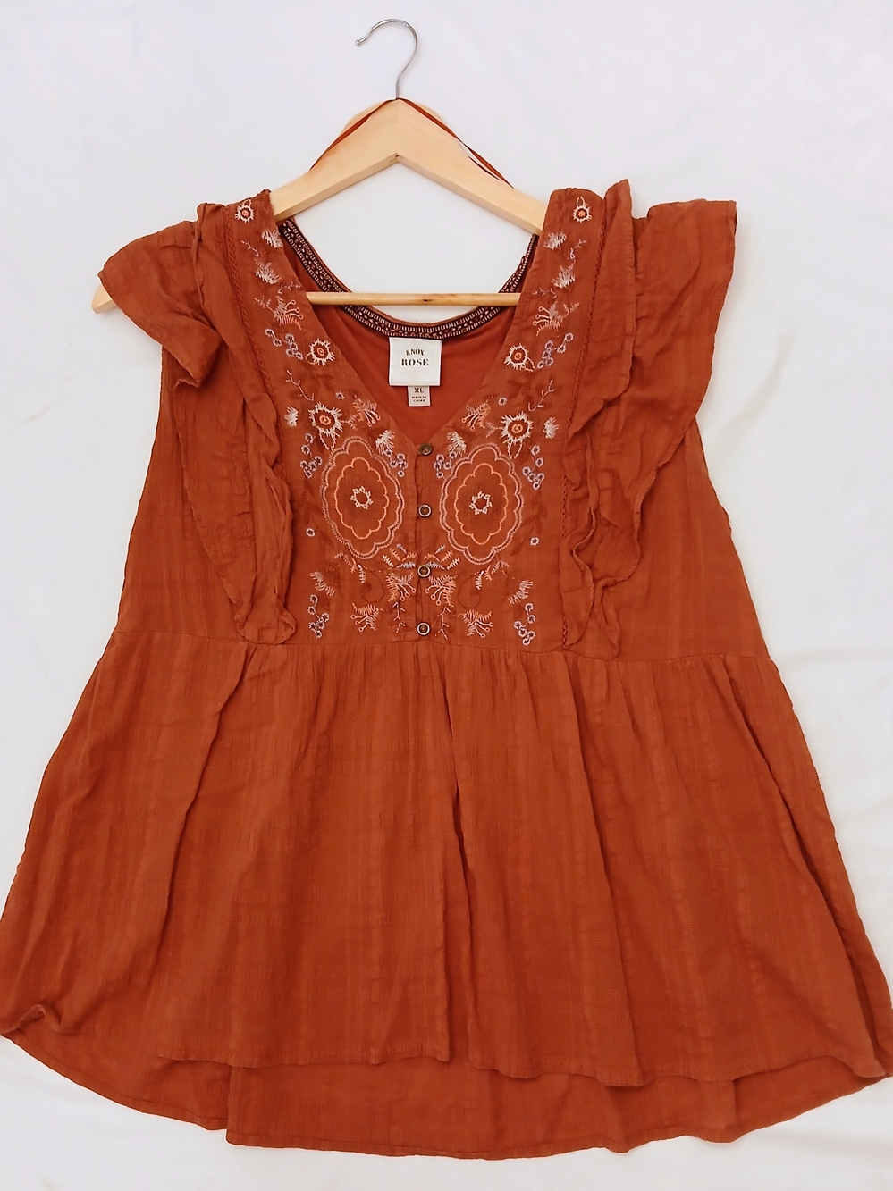 Knox Rose Rust Orange Embroidered Boho Blouse Top XL NWOT